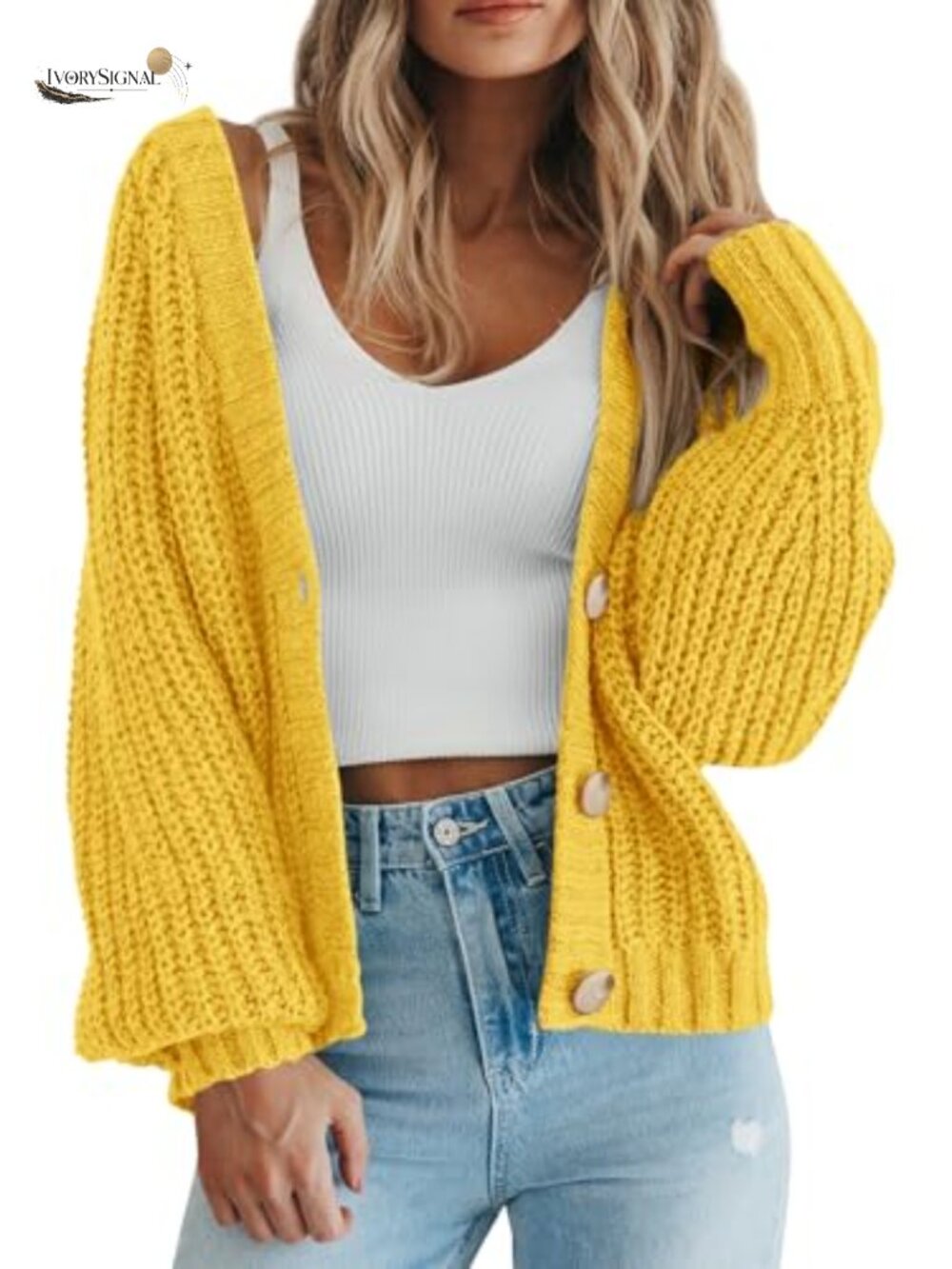 Chunky Knit Open Front Button Down V-Neck Long Sleeve Cardigan Sweater